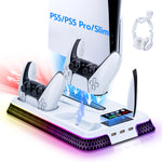 Mcbazel RGB Cooling Stand with Headphone Hook for Ps5/Ps5 Slim/Ps5 Pro, Multifunctional Cooling Fan and Controller Charging Station for PlayStation 5/PlayStation 5 Slim/PRO Console White