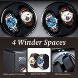 Mcbazel Rectangle PU Leather Automatic Watch Winder With 4 Watch Positions, Dual Watch Dials and LED Light - Black