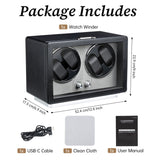 Mcbazel Rectangle PU Leather Automatic Watch Winder With 4 Watch Positions, Dual Watch Dials and LED Light - Black