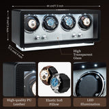 Mcbazel Rectangle PU Leather Automatic Watch Winder With 4 Watch Positions, 4 Watch Dials and LED Light - Black (W162B)